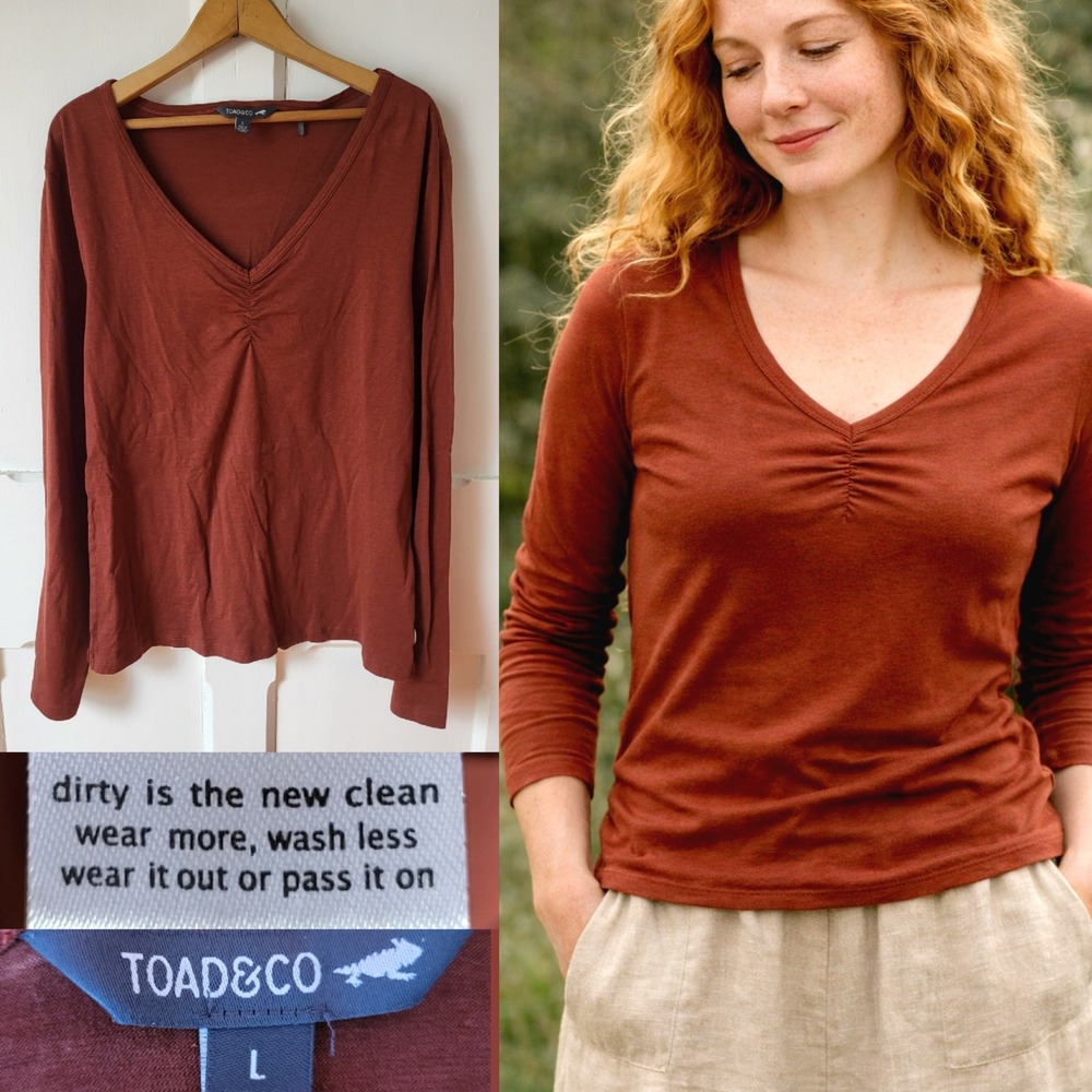 Toad&Co Organic Cotton Long Sleeve V-Neck Tee Rust Brown Top  Size L